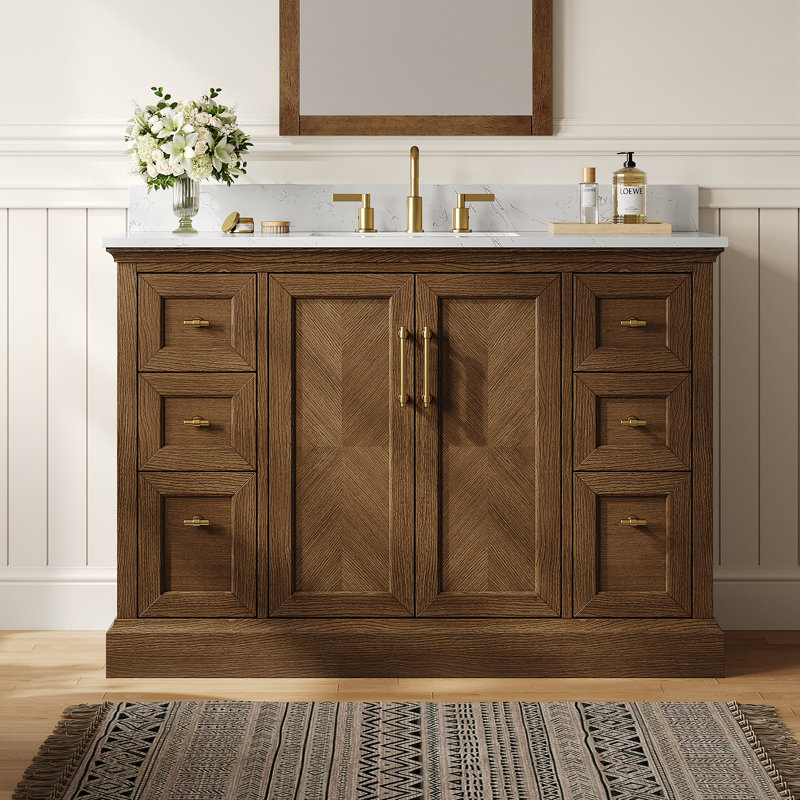Ensemble de meuble-lavabo simple 48 po Amberwood avec dessus en pierre reconstituée, 2 portes et 6 tiroirs