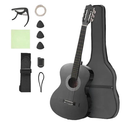 Guitare classique, 38 pouces, trousse de démarrage en bois pour débutants, avec cordes en nylon, housse, sangle, accordeur, cordes supplémentaires, médiators, capo, bois de tilleul, pour adolescents, étudiants, noir