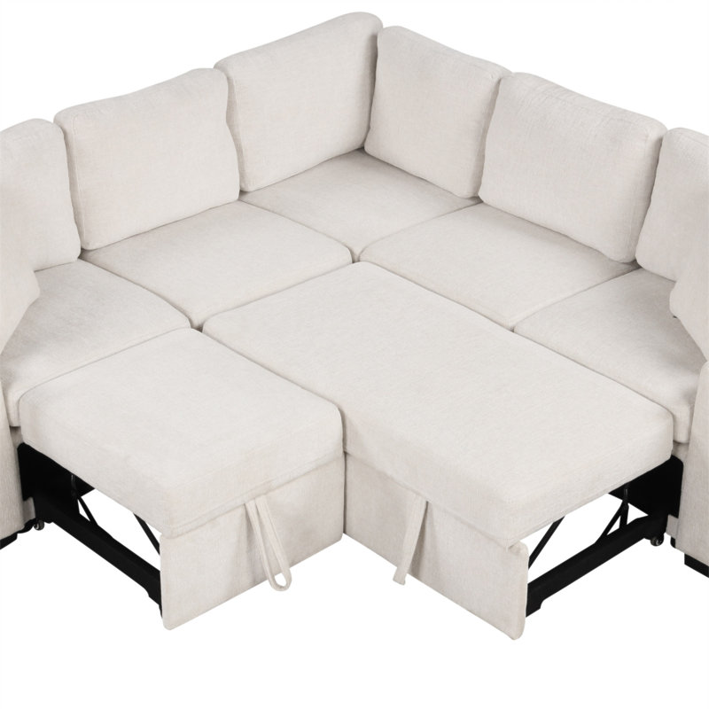 Canapé-lit modulaire convertible en L 84,7 po avec canapé-lit et canapé en U avec rangement et repose-pieds mobile, beige