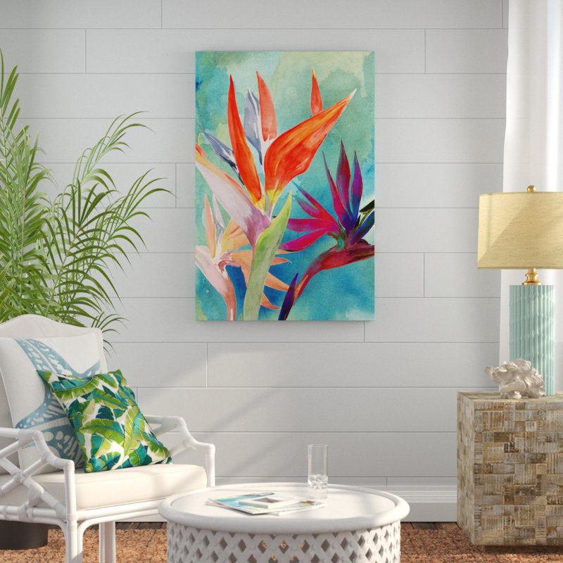 Vivid Birds of Paradise I by Jennifer Paxton Parker - Painting, 91cm H x 61cm W, Wrapped Canvas
