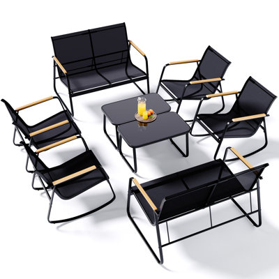 8-Person Cooling PVC-coated polyester Outdoor Patio Seating Group With Loveseat, Rocking Chairs & Solid Wood Armrests
