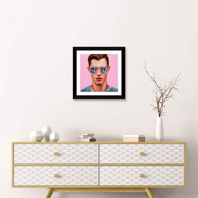 «Rose lunettes de soleil» - imprimé, H 16 po x l 16 po x p 1 po, Papier beaux-arts encadré noir