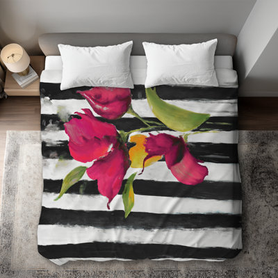 Black and White Stripes Flowers King Duvet Cover | Home Decor