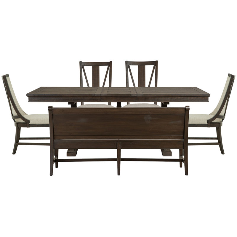 Extendable Trestle Dining Table With 2 Side Chairs 2 Host Chairs And Bench, 6 Pieces: Table, Bench, 4 Chairs