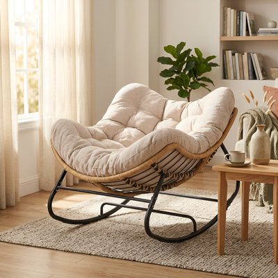 Urbanstyle Modern Oversized Wicker Rocking Chair, 39" Outdoor Indoor Cushioned Patio Chair, Powder-Coated Steel Frame
