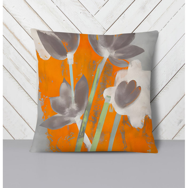 Throw Pillow With Insert, Gray/Orange Floral 3, 20"H x 20"W