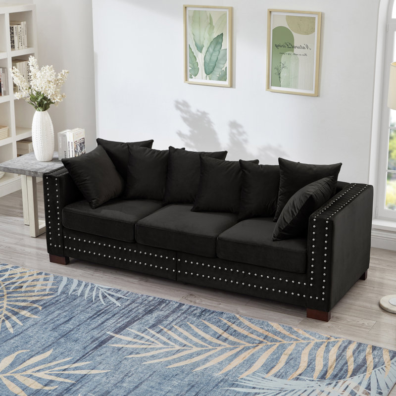 Canapé de salon moderne avec accoudoirs carrés décorés de clous argentés et revêtement en velours noir, Noir