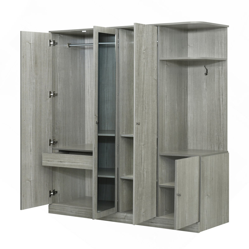 Armoire 4 portes avec tablettes, tiroirs et miroir pleine grandeur, Gris