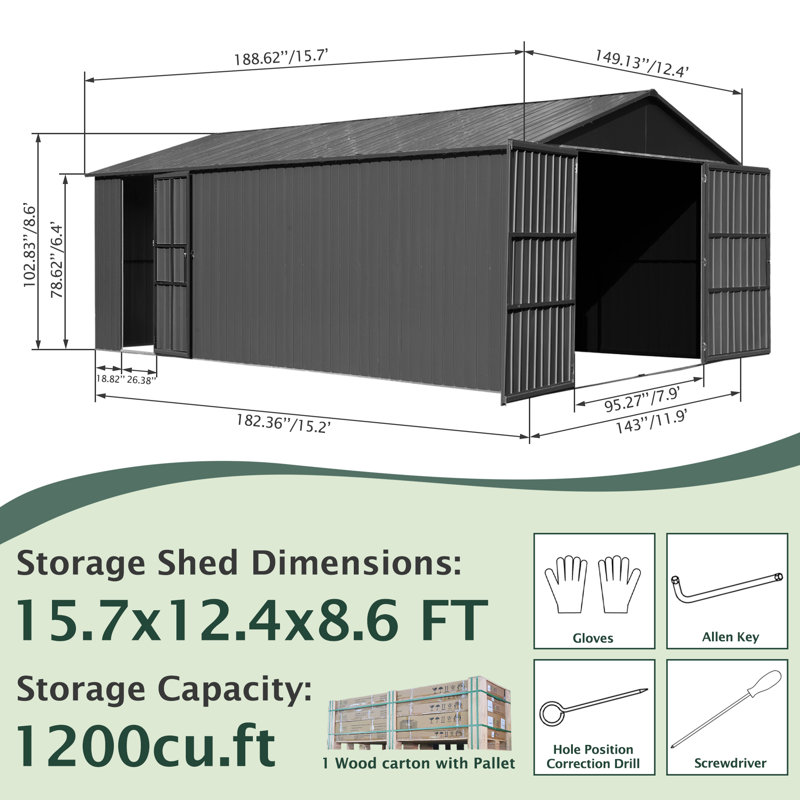Patio Outdoor Storage Shed, Huge Metal Shed Garage Carpot with 2 Double Hinged Doors, 102.83'' H x 149.13'' W x 188.62'' D