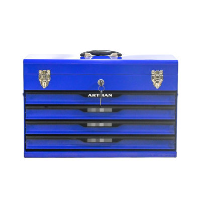 20 - Inch Steel Tool Box Organizer With Drawers, Metal Lock Closure, Bearing Slide Rails, Top Tray, Ideal For Handymen Blue And Black Comfortable Handles, Amateur Diyers