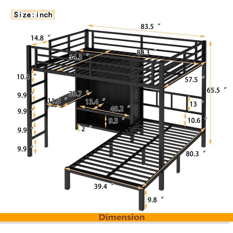 Full XL Over Twin Metal Bunk Bed With Folding Desk, Closet With LED ,Space-Saving/Noise Reduced, Black