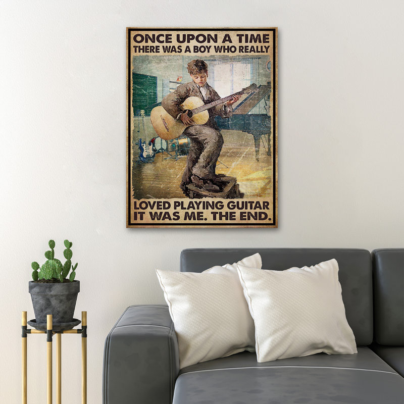 Garçon jouant de la guitare en classe - Il était une fois il y avait un garçon… Toile tendue avec châssis - Illustration musicale, décor de salon brun et blanc