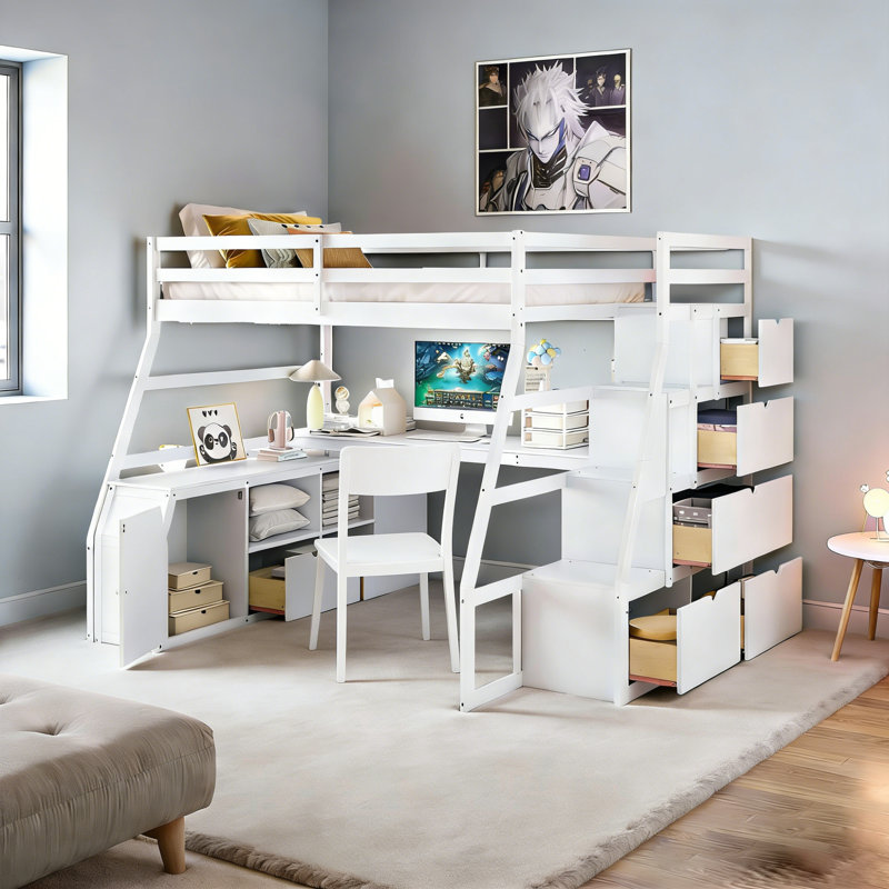 Lit mezzanine avec rangement et escalier Heiki, Blanc, Plein