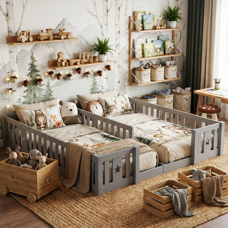Solid Wood Montessori Floor Bed With Star Guardrails, For Two 90X200cm European Single Beds, Twin Kids Playpen Bed, Grey, 1