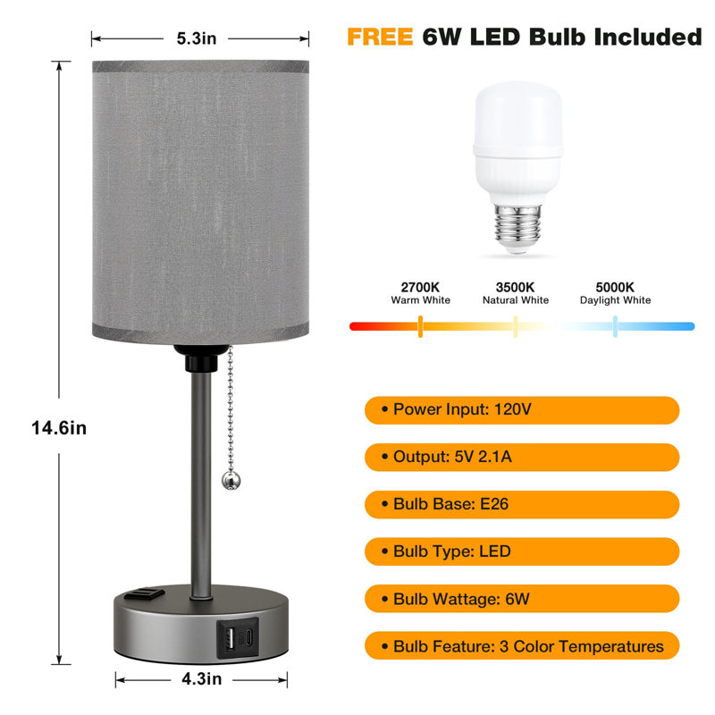 Petite lampe de table de chevet pour la chambre à coucher, Gris, Gris