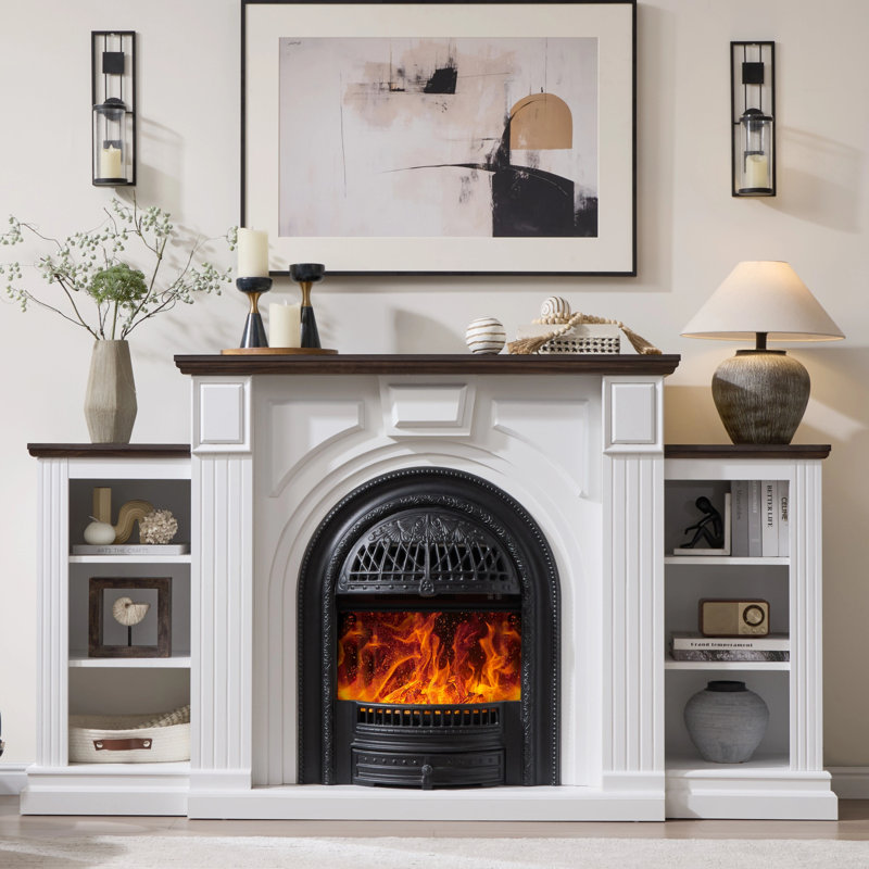 76" Electric Fireplace with Mantel, Electric Fireplace TV Stand Entertainment Center with Storage, White/Brown