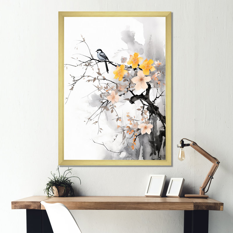 «Asian Art Bat Sumi», art mural encadré Asian Art, Cadre doré à coins fermés, H 40 po x l 30 po x P 1,5 po
