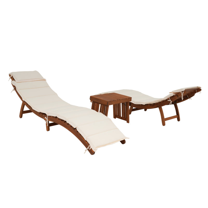 Rashara Outdoor Wood Chaise Lounge Set with Table , Cushion Included, Beige
