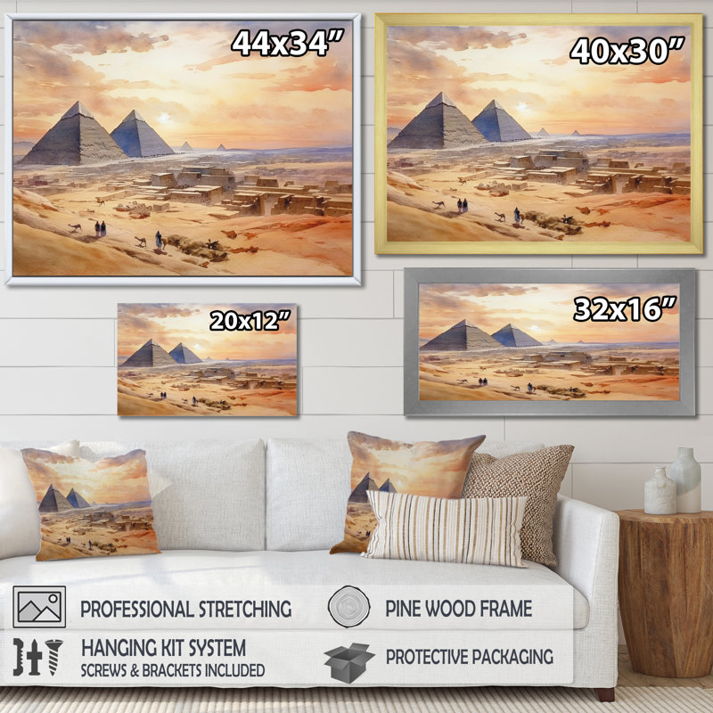 «The Pyramid Of Giza Desert Landscape», reproduction sur toile, Cadre flottant blanc, H 16 po x l 32 po x P 1 po