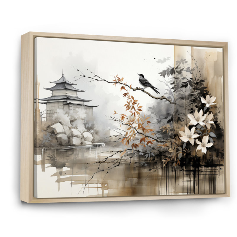 Asian Art Sumi Bird Serenity I - Art mural asiatique, H 16 po x l 32 po x P 1 po, Cadre flottant érable