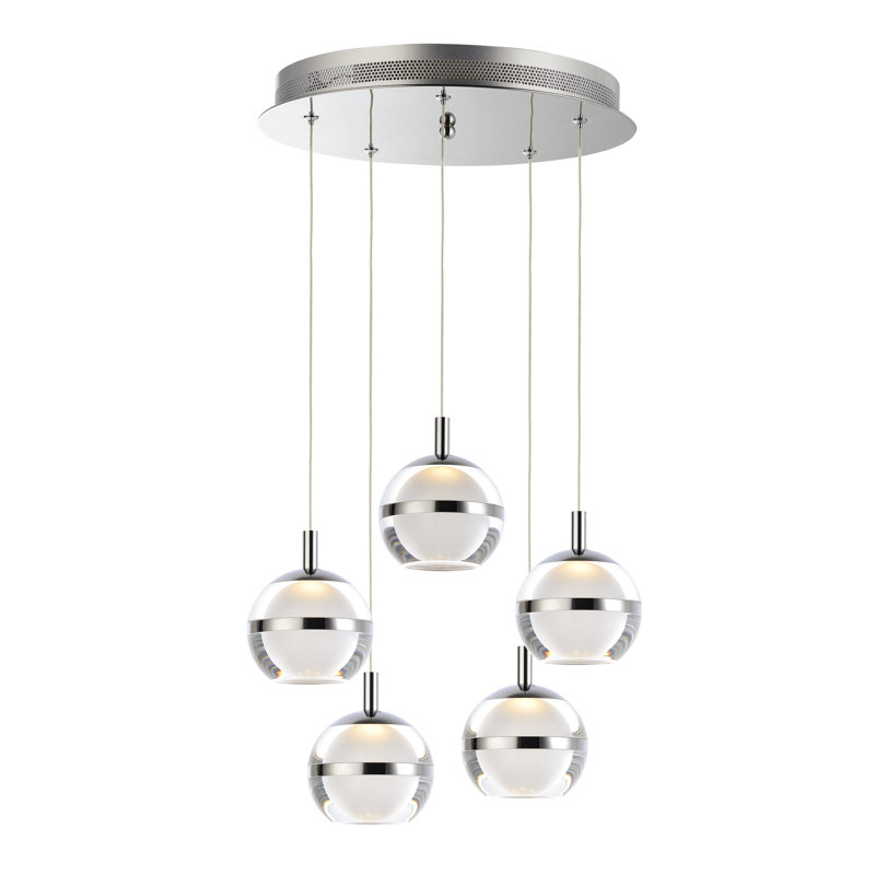 Luminaire suspendu sphère à DEL 5 lumières Eliset, Chrome poli, Transparent