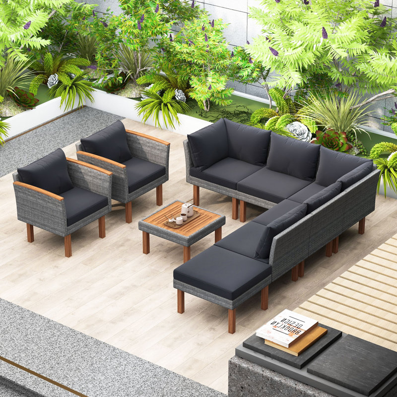 9Pcs Patio Rattan Furniture Set with Weather-Resistant Frame Sofa, Armchair, Ottoman and Coffee Table, Dark Gray, Gray