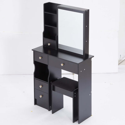 29.2" Small Space Left Drawer Desktop Vanity Table + Cushioned Stool,Extra Large Right Sliding Mirror,Multi Layer High Capacity Storage,Practical Fashionable Dresser,Suitable for Small Space