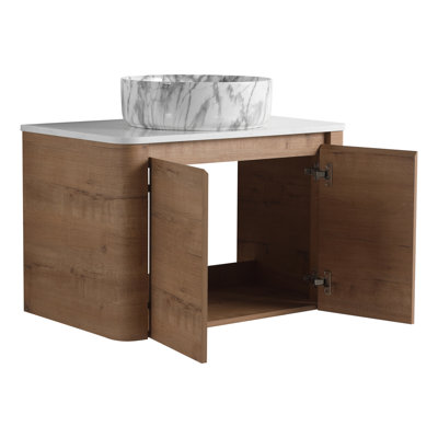 Armoire de salle de bain murale 30 po avec lavabo d'art en céramique, 45 poignées cachées et surface lisse. Esthétique contemporaine, design de rangement spacieux
