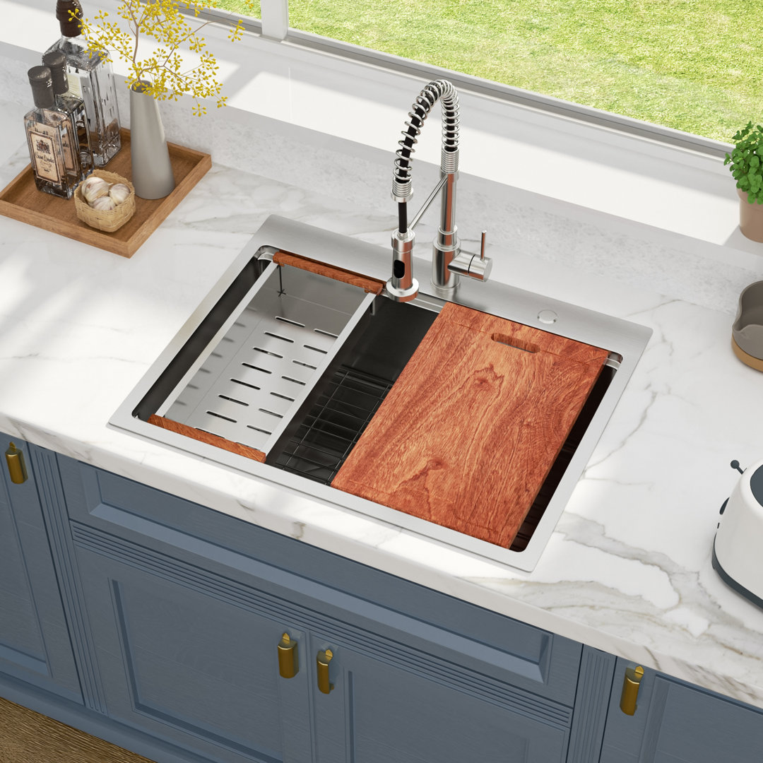 28" L x 22" W Drop-in Workstation Kitchen Sink 16 Gauge Stainless Steel Kitchen Sink Topmount Sink Lordear 