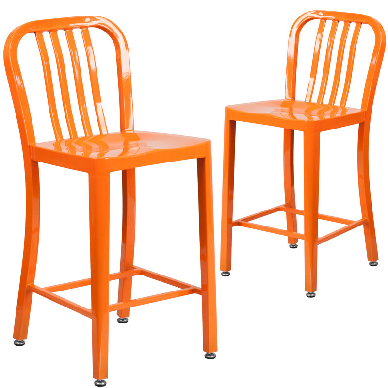 Commercial Grade Metal Indoor-Outdoor Stool with Vertical Slat Back, Orange, Bar Stool (76cm Seat Height)