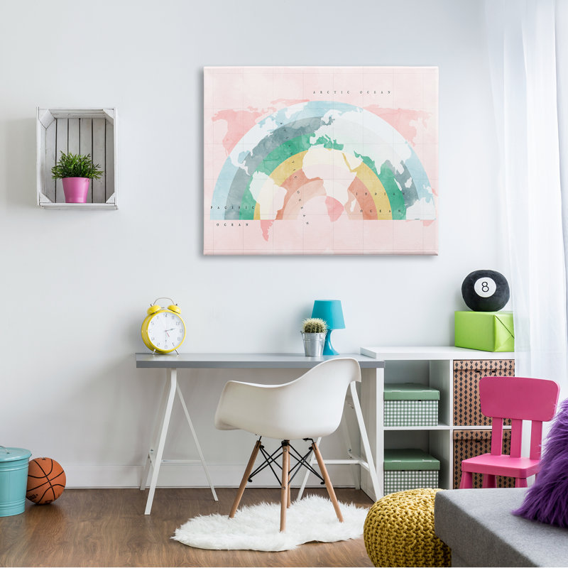 Carte du monde avec art moderne arc-en-ciel, H 24 po x l 30 po x P 1,5 po, Toile tendue