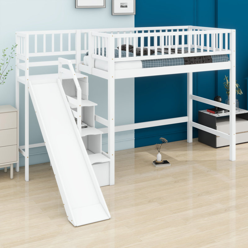 Lit mezzanine avec rangement pour escalier intégré, glissade et lumières DEL, Blanc