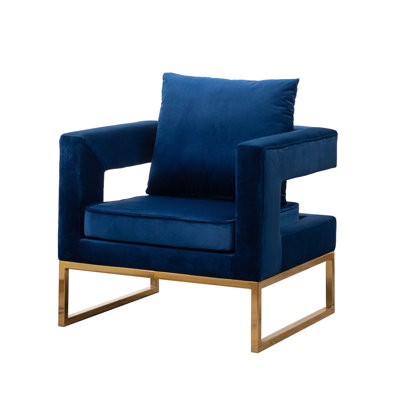 Upholstered Relaxing Armrest Seat, Blue - Velvet-like Upholstery, Metal Support, Square , Comfortable Pillow Sitting Chair In Velvety Fabric, Gold-tone Frame, Cut-out Comfy Back