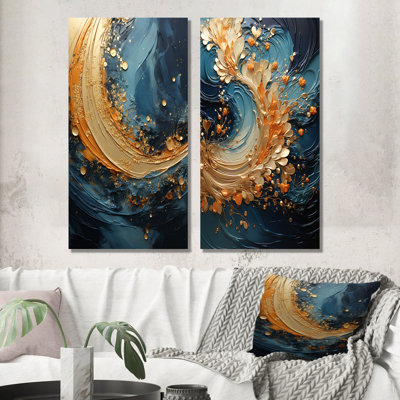 Golden Sapphire Surge - ensemble de 2 reproductions d'art en métal à spirales abstraites