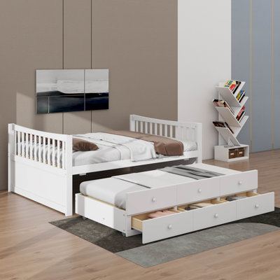 Full-Size Wooden Captain's Daybed With  Pull-Out Bed And 3 Built-In Storage Drawers