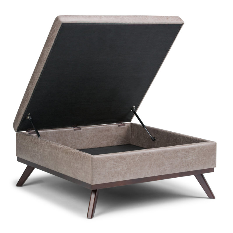 Owen 36"W Upholstered Mid-Century Modern Square Lift-Top Ottoman with Tufted Detail, Distressed Gray Taupe Vegan Faux Leather