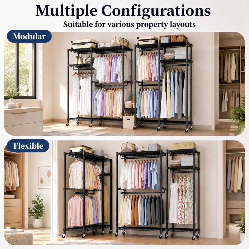 115.5 cm Adjustable Rolling Clothes Rack, Black