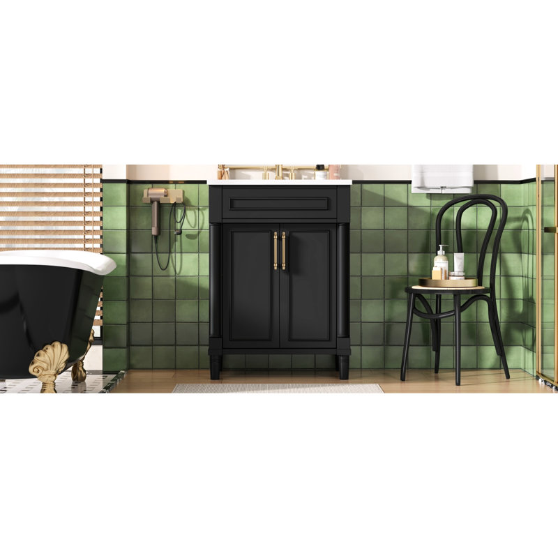 Meuble-lavabo de 24 po avec lavabo en céramique, armoire à 2 portes, solution d'espace, tablette réglable pour une organisation personnalisée, compatibilité de robinet standard de 4 pouces avec demi-lune gracieuse, assemblage facile et rapide