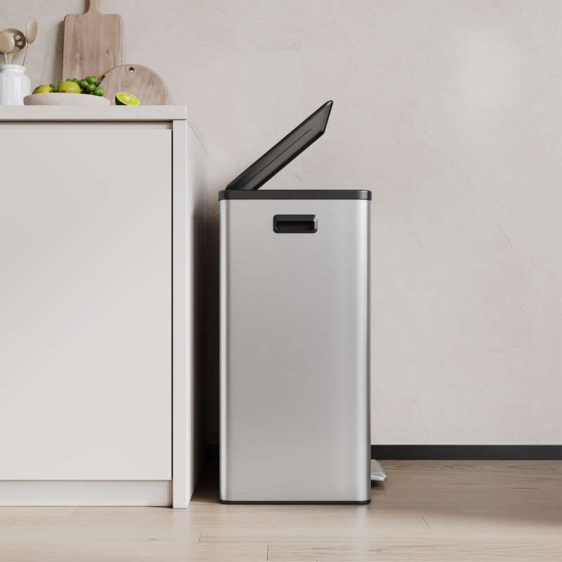 Poubelle double Step, bacs de recyclage 60L / 15,85 gallons avec couvercle, 2 poubelles amovibles, pédale, grande poubelle double en acier inoxydable pour la cuisine, la salle de bain, argent