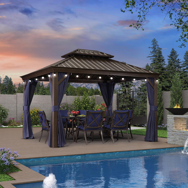 13 pi. L 10 pi. D Pavillon de jardin en aluminium avec guirlande de 48 pi