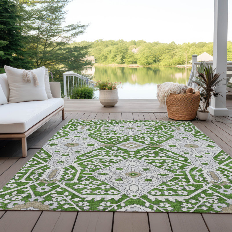 Tapis intérieur / extérieur en polyester tissé à la machine à motif floral en mâle vert, Rectangle 5 pi x 7 pi 6 po