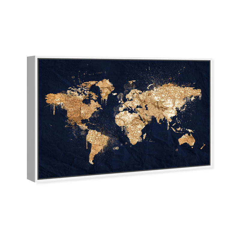 Mapamundi Metallic World Splash Modern - cadre photo, impression, H 10 po x l 15 po x P 1,75 po, Toile avec cadre blanc