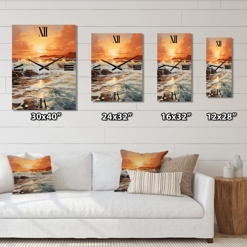 Horloge murale orange et bleu sarcelle au lever du soleil sur la plage II, Grand