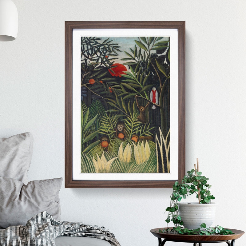 Monkeys and Parrot in the Virgin Forest by Henri Rousseau - Picture Frame Painting, 36cm H x 27cm W x 2cm D, Walnut