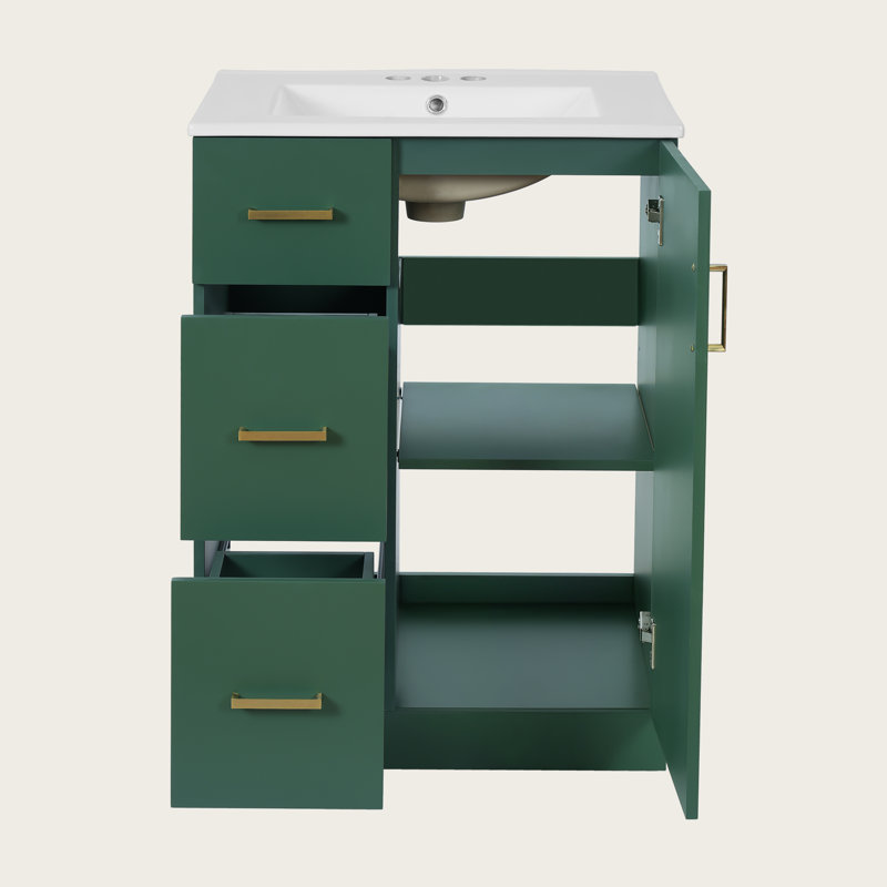 Meuble-lavabo moderne 24 po avec lavabo, porte à fermeture douce, 2 tiroirs, lavabo sous-comptoir, Vert/doré
