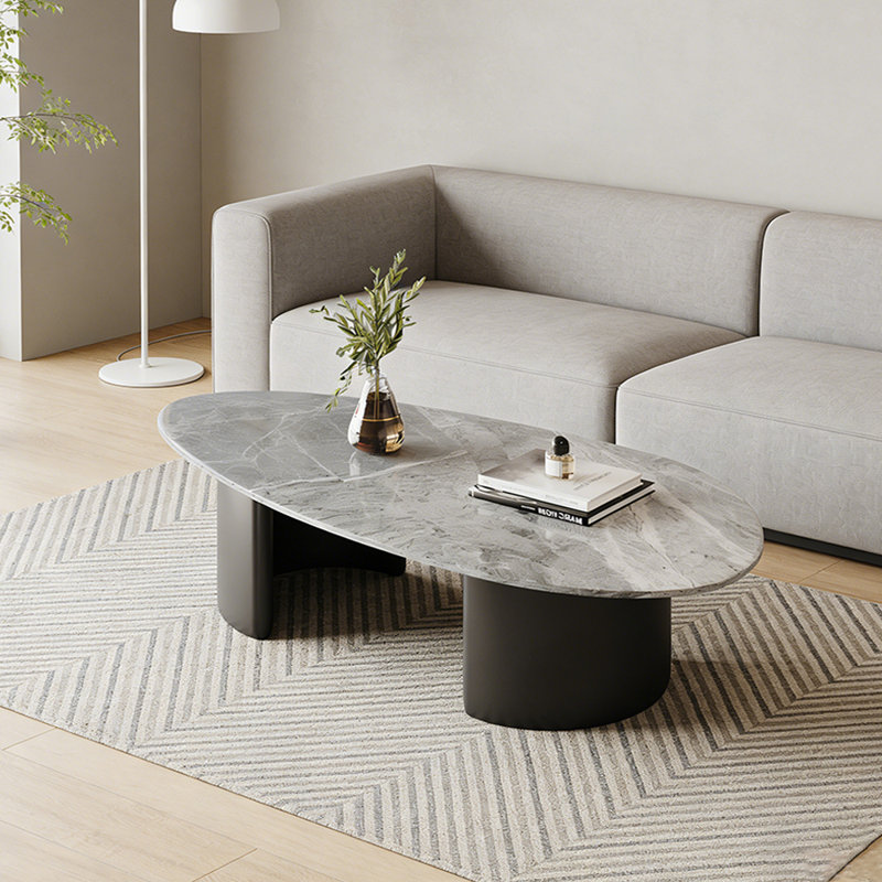 Modern Simplicity Coffee Table with Metal Base, 15.74" H x 55.11" L x 27.55" W, Light Gray, Black