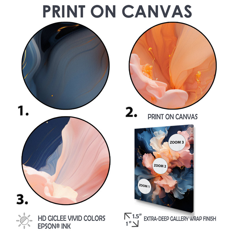 Blooming, rose pastel sur bleu royal - encre liquide, art mural abstrait, Cadre flottant noir, H 20 po x l 12 po