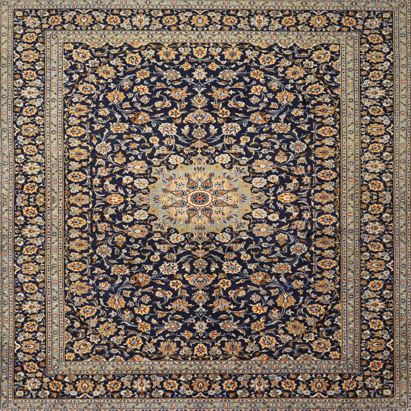 Tapis gris/bleu/jaune traditionnel, Carré 3 pi