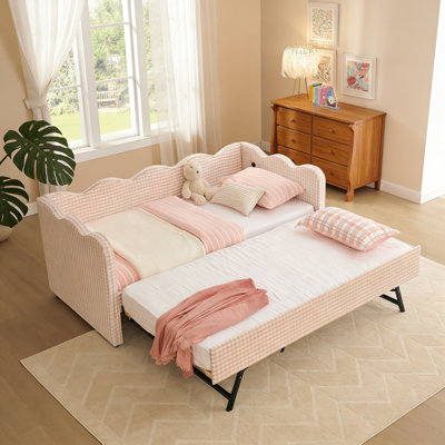 Cozy Gingham Daybed With Trundle Twin Size Sofa Bed No Box Spring Needed, With USB Port And Adorable Wave Shaped, Linen Fabric