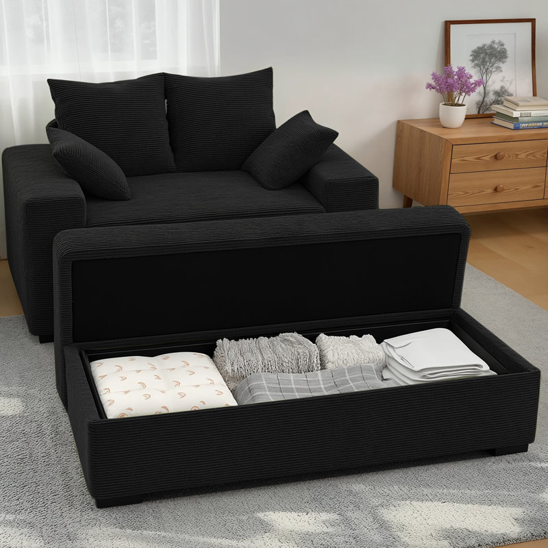 Chaise longue surdimensionnée 57 po en velours côtelé de luxe avec repose-pieds avec rangement, 2 coussins, Noir